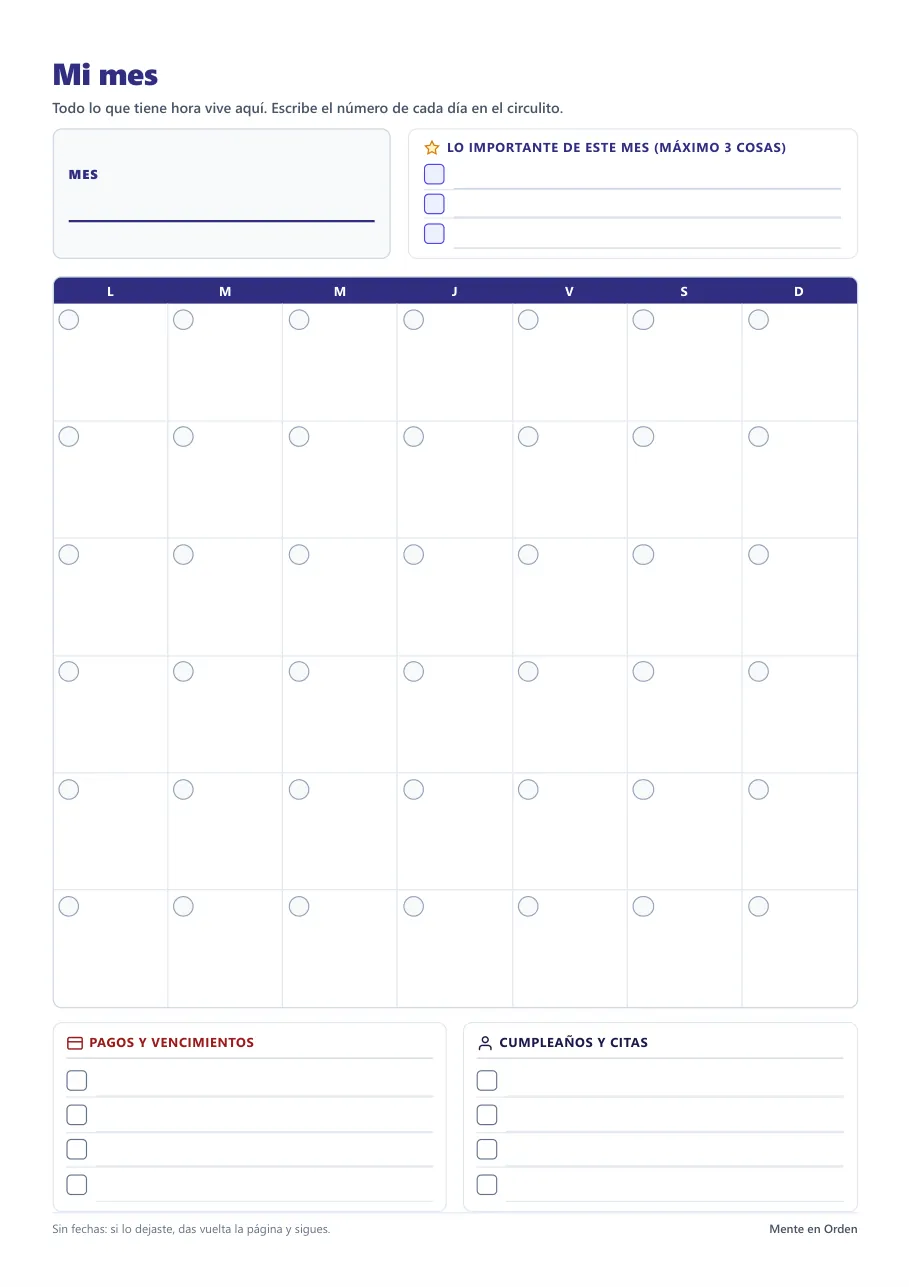 Página Mi mes sin fechas